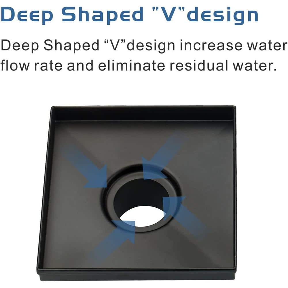 Matte Black 6-Inch Square Stainless Steel Shower Drain Cover with Hair Strainer