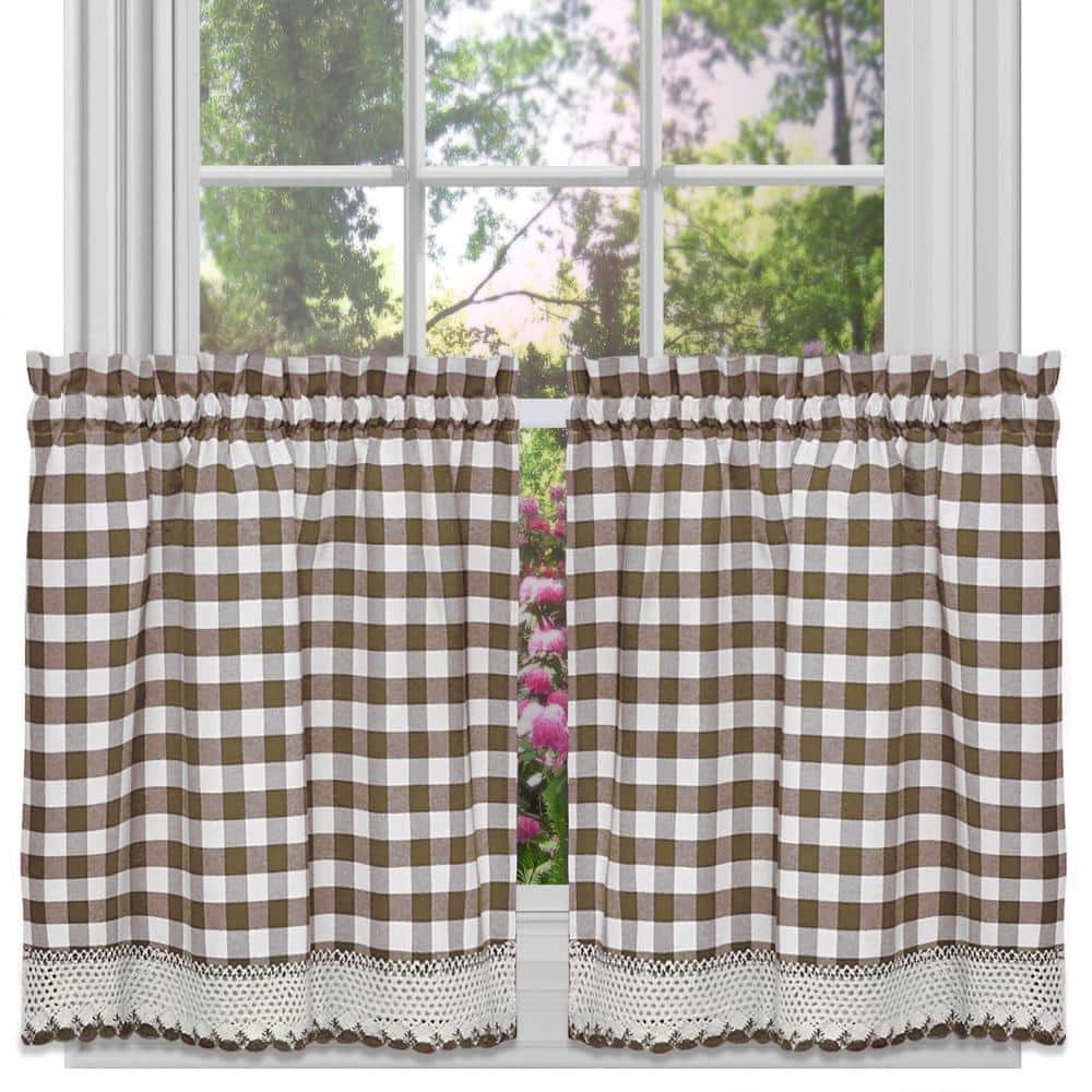 Taupe and Ivory Buffalo Check Tier Curtains with Scallop Trim