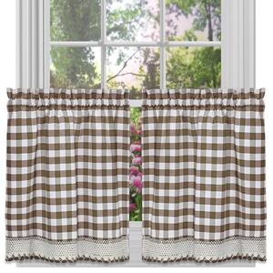 Buffalo Check Taupe Polyester/Cotton Light Filtering Rod Pocket Curtain Tier Pair 58 in. W x 36 in. L