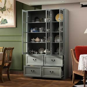 47.2 in. W x 78.7 in. Tall 8-Shelf Gray Wood Standard Bookcase Bookshelf With Glass Doors, Adjustable Shelves, Drawers