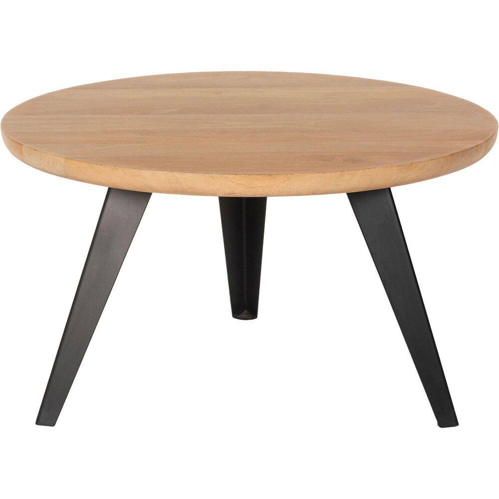 Mid-Century Modern Mango Wood Round Coffee Table with Metal Accents