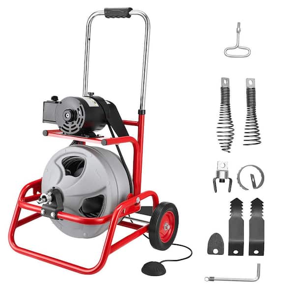 Drain Cleaner Machine 75 FT. x 3/8 In., Sewer Snake Auger on Wheels, with Drum Angle, 6 Cutters & Foot Switch, Manual