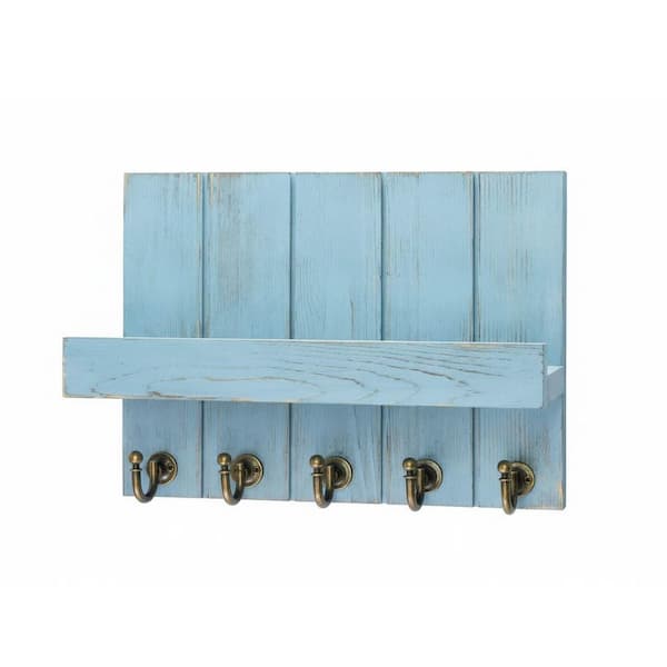 10 in. W x 3.54 in. D Distressed Blue Wood Decorative Wall Shelf Mail Organizer Wall Mount with 5 Key Hooks