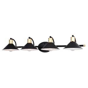 Akron 38 in. W 4-Light Matte Black with Gold Brass Vanity Light Industrial Bathroom Wall Fixture - Metal Shades