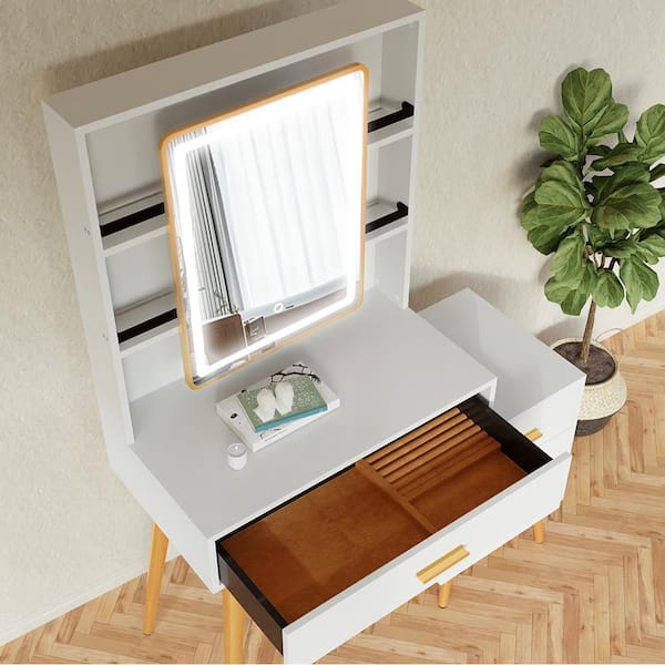 5-Drawers White Wood Makeup Vanity Set Dressing Desk W/ Stool, LED Round  Mirror and Storage Shelves 52x 31.5x 15.7 in.