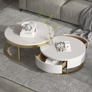 59. 06 in. White Round Wood Coffee Table with Rotatable Drawers