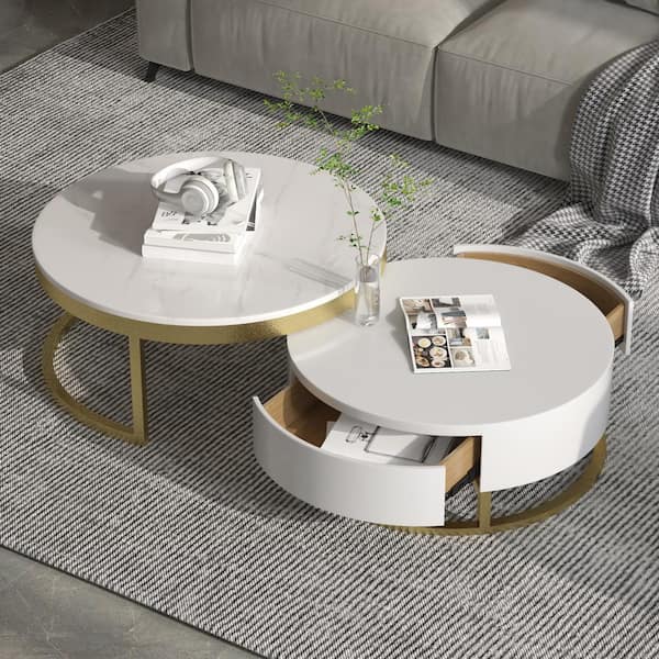 Round Wood Coffee Table, Modern Round Coffee Table With Storage White Stone Nesting Rotatable Drawers