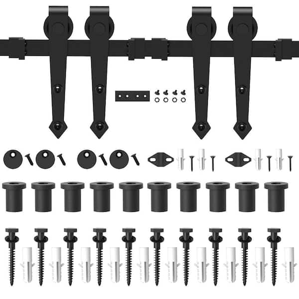 WINSOON 12 ft. /144 in. Black Heavy-Duty Steel Rolling Barn Door Hardware Kit for Double Wood Doors with Non-Routed Floor Guide