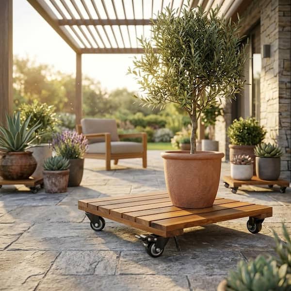 2-Pack 14 Inch Acacia Hardwood Rolling Plant Caddy, 264 lbs with