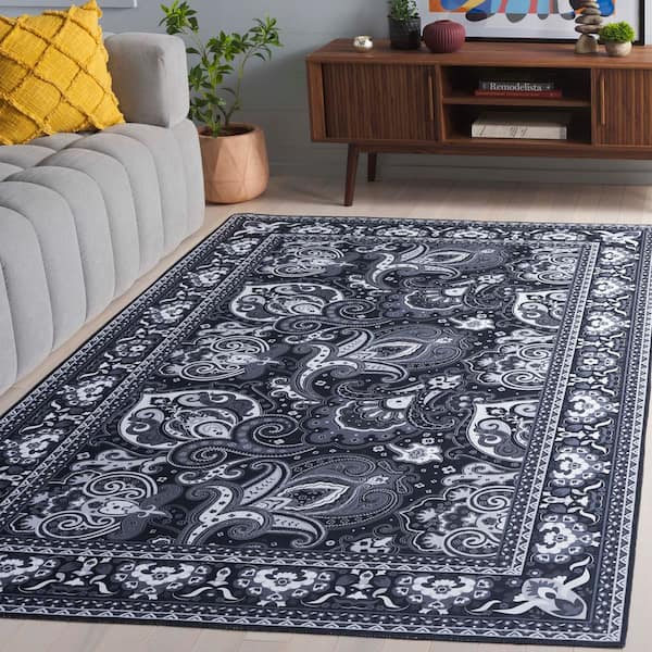 Arizona 3 ft. x 5 ft. Black/Gray Machine Washable Distressed Border Floral Area Rug