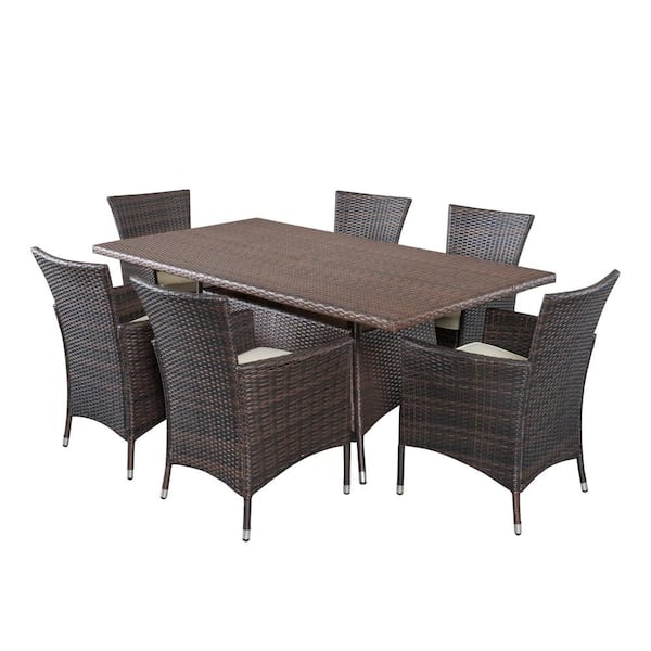 Noble House Jennifer Multi-Brown 7-Piece Faux Rattan Patio Outdoor ...