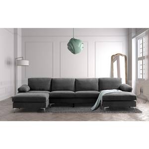 128.3 in. Pillow Top Arms 4-Piece U-Shaped Polyester Blend Modern Sectional Sofa in Dark Gray