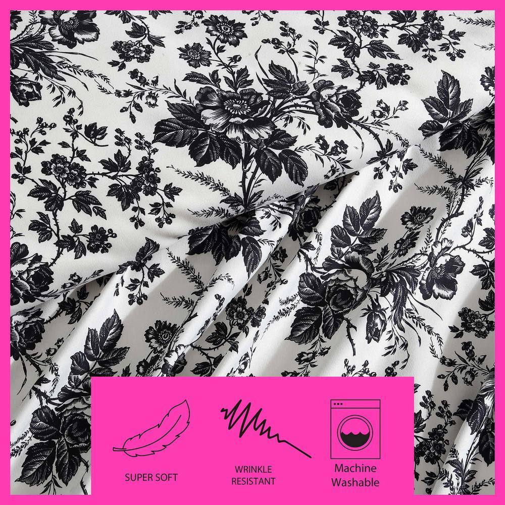 King Black and White Floral Polyester Duvet Cover Set