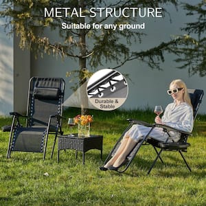 Outdoor Set of 2 Black "Metal" Zero Gravity Lounge Chairs-Piece, Folding Recliners with Pillow and Cup Holder