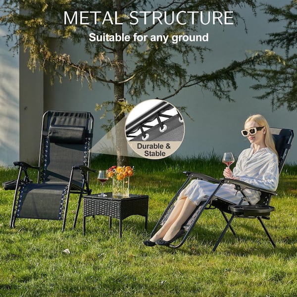 HOTEBIKE Outdoor Set of 2 Black "Metal" Zero Gravity Lounge Chairs-Piece, Folding Recliners with Pillow and Cup Holder