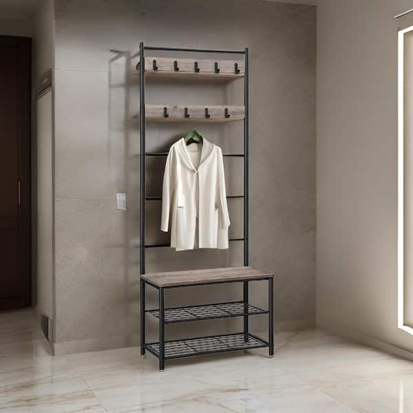 Benjara Horse Gray Black Coat Rack with 9 Hooks and 3 Shelves