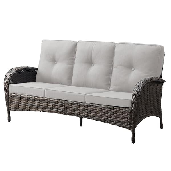 Pocassy Flat Armrest series 3 Seat Wicker Outdoor Patio Sofa Couch with Deep Seating and Beige Cushions
