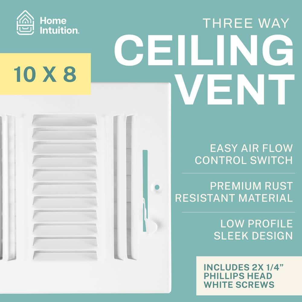 White Steel 10x8 Inch 3-Way Ceiling Vent Cover with Adjustable Damper
