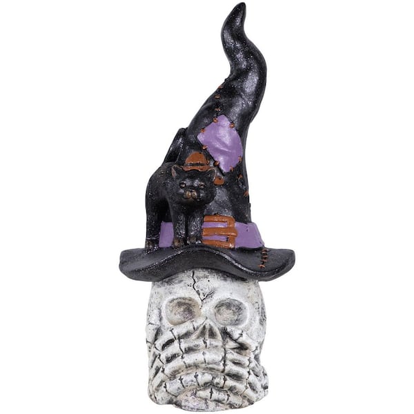 Skull in Witch Hat with Cat Halloween Decoration-22.75"