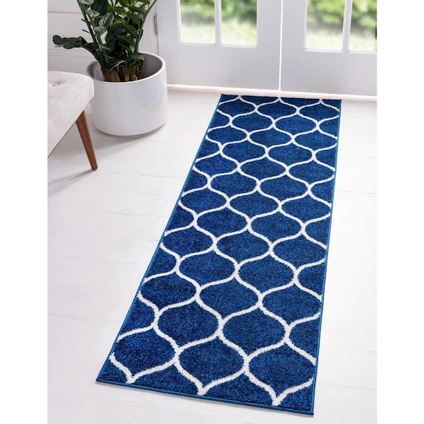 Trellis Frieze Rounded Navy Blue 2 ft. x 6 ft. Area Rug