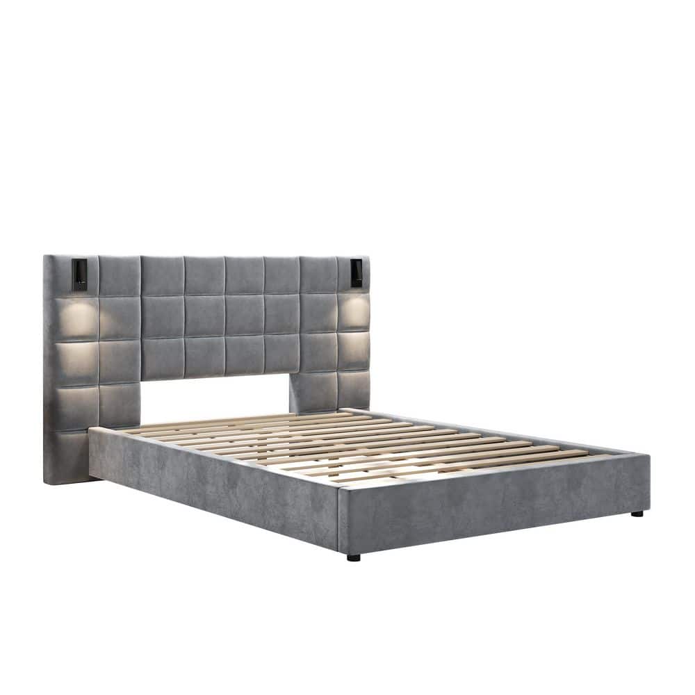 Gray Wood Frame King Velvet Upholstered Platform Bed with Large Luxuriously Padded Headboard, Reading Lamp, USB Port - thumbnail 5