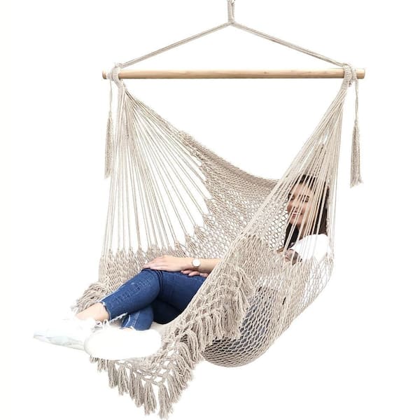 Hammock Chair Super Large Hanging Chair Soft-Spun Cotton Rope Weaving Chair, Hardwood Spreader Bar Wide Seat, White