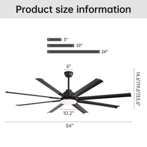 84 in. Indoor Smart Black Ceiling Fan with Integrated LED Light and Remote Control, 6-Speed Quiet Reversible DC Motor Lighting