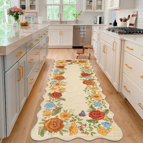 Wavy Edge Decorative Machine Washable Vintage Floral Printed Carpet for Bedroom Apartment Yellow 2 ft. x 6 ft. Area Rug