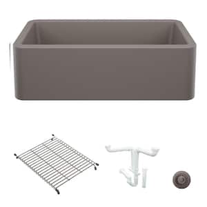 Ikon 33 in. Farmhouse/Apron-Front Single Bowl Volcano Gray Granite Composite Kitchen Sink Kit with Accessories