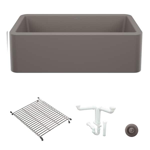 Ikon 33 in. Farmhouse/Apron-Front Single Bowl Volcano Gray Granite Composite Kitchen Sink Kit with Accessories