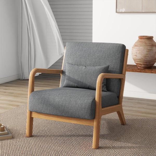 Uixe Modern Gray Linen Wood Frame Upholstered Accent Arm Chair (Set of 1)  FOP-CH0020-GY