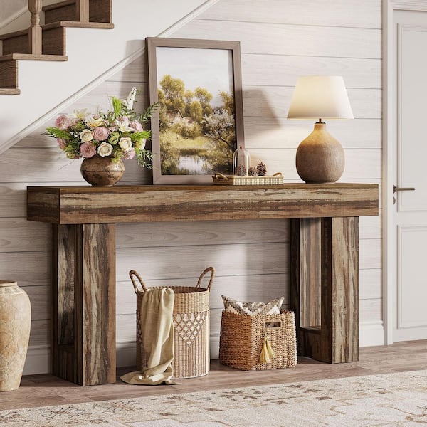 BYBLIGHT Turrella Rustic Charm 63in. Mottled Gray Brown Wood Grain Rectangle Wood Console Table with Open-frame
