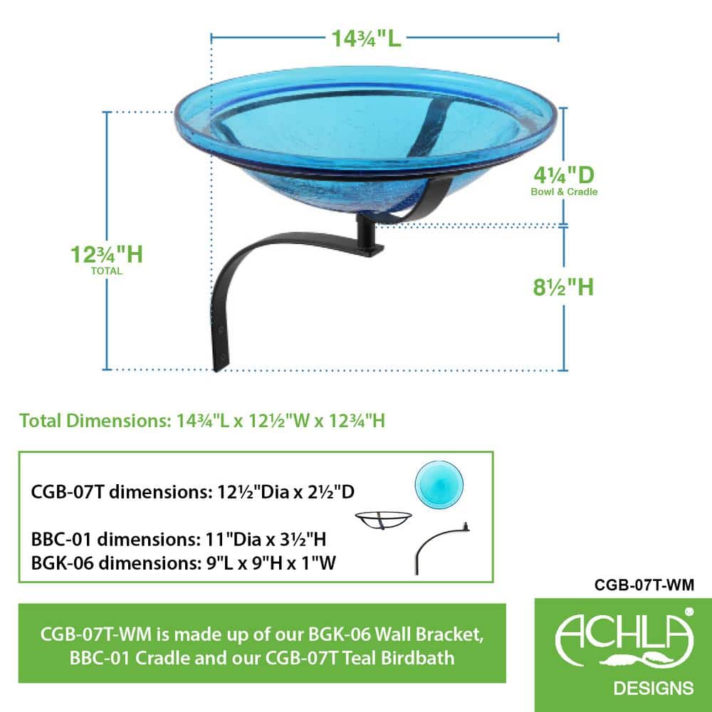 Teal Crackle Glass Birdbath Bowl with Wall Mount Bracket