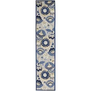 Charlie 2 X 10 ft. Blue and Grey Floral Indoor/Outdoor Area Rug