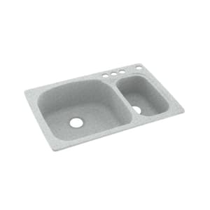 Dual-Mount Solid Surface 33 in. x 22 in. 4-Hole 70/30 Double Bowl Kitchen Sink in Tahiti Gray
