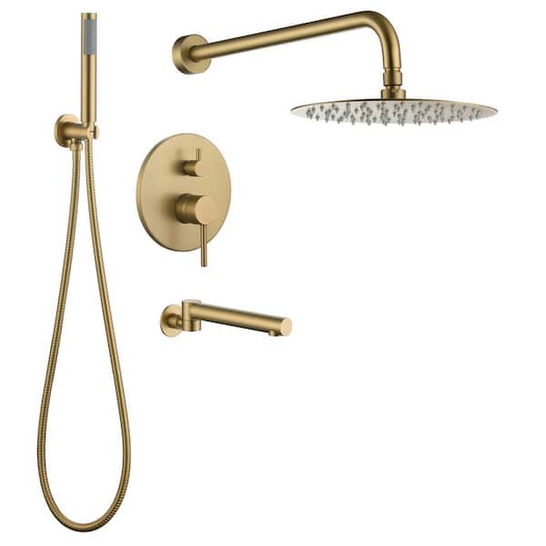 Mondawe 1-Spary 10 in. Round Dual Fixed and Handheld Shower Head 1.8 GPM Rain Wall Mount in Brushed Gold