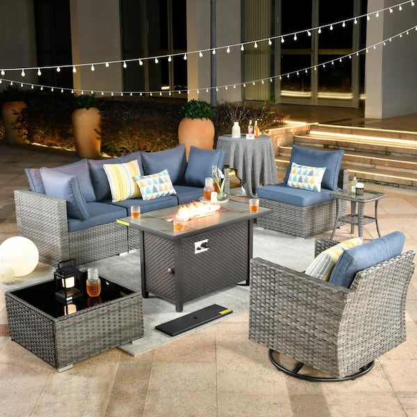Sanibel Gray 8-Piece Wicker Outdoor Patio Conversation Sofa Sectional Set with a Metal Fire Pit and Denim Blue Cushions