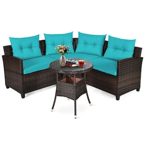 4-Piece Wicker Outdoor Patio Conversation Set Rattan Furniture Set with Turquoise Cushions