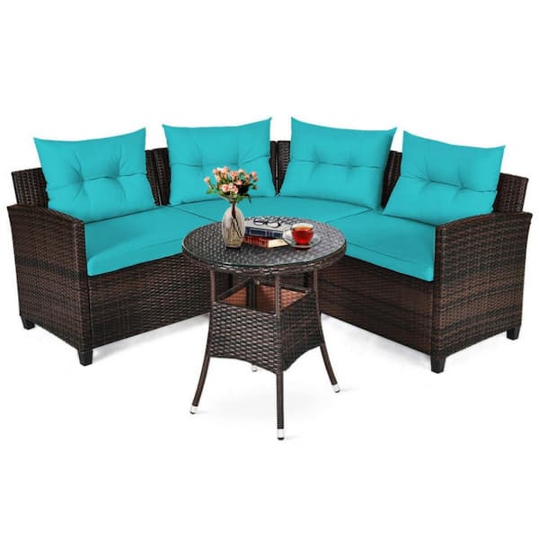 Clihome 4-Piece Wicker Outdoor Patio Conversation Set Rattan Furniture Set with Turquoise Cushions