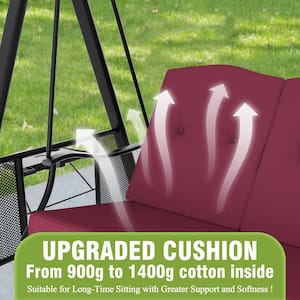 3-Person Metal Patio Swing Chair With Converting Canopy Porch Swing With Detachable Cushion and Side Trays, Wine Red