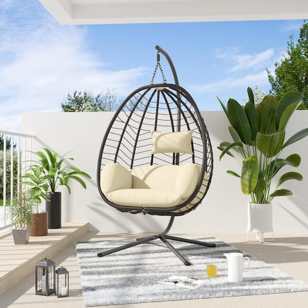 Halmuz Outdoor Indoor Wicker Egg Swing Chair with Stand 350 lbs. Capacity Strong Frame Cream Cushions Patio Balcony Bedroom Eggchair Cream The Home Depot