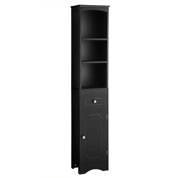 Unbranded 13.4 in. W x 9.1 in. D x 66.9 in. H Black Wood Bathroom Linen Cabinet with Adjustable Shelf, Drawer and Door