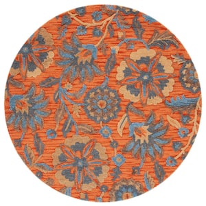 Blossom Rust/Blue 6 ft. x 6 ft. Floral Scroll Round Area Rug