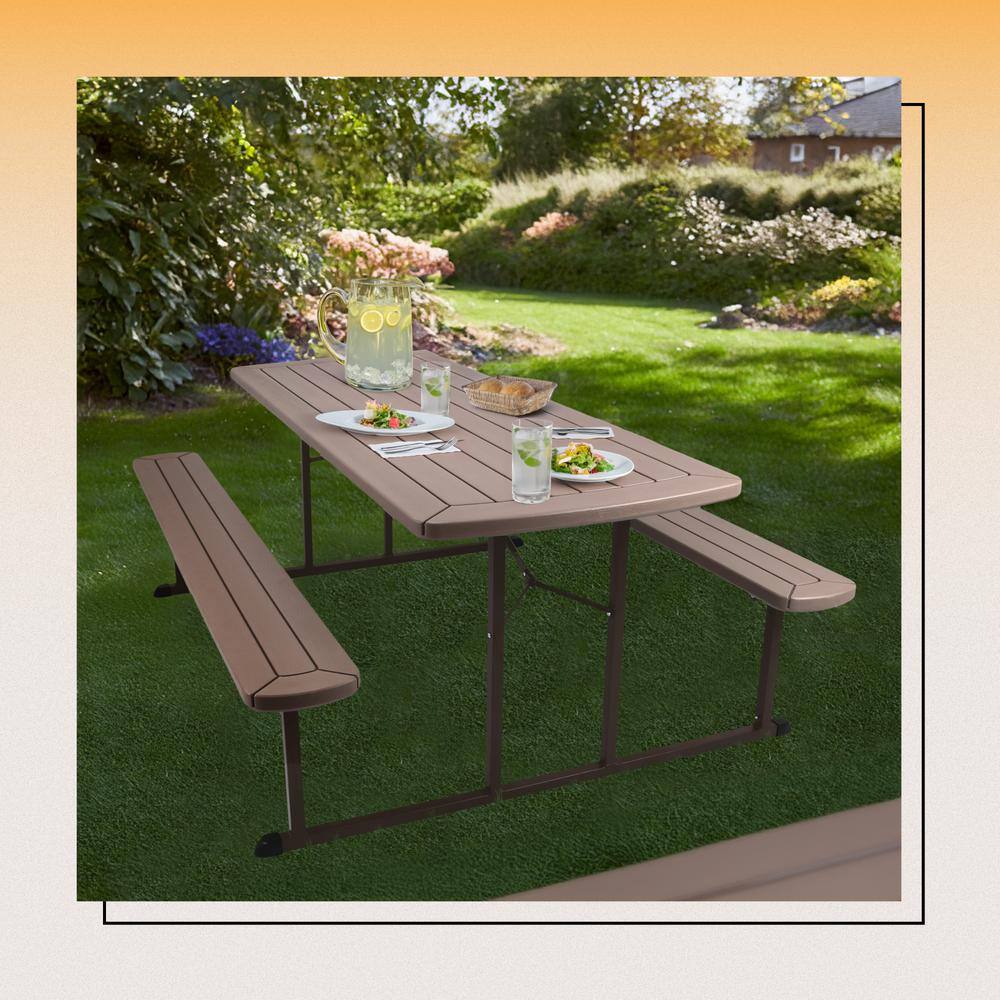 Travis 72" Brown Polypropylene Folding Picnic Table with Benches