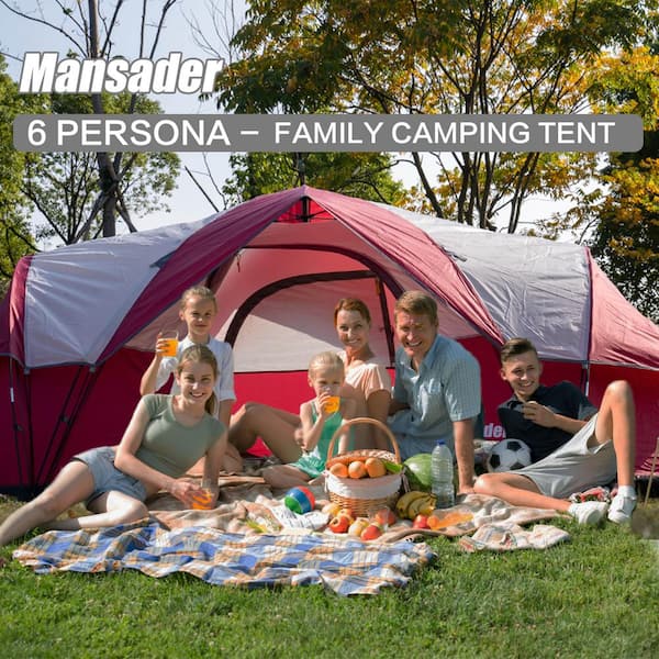 13 ft. x 7.5 ft. 6-Person Family Camping Tent Pop up Backpacking Outdoor Tent in Red