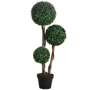 1-Piece 35.50 in Dark Green Artificial Tree 3-Ball Boxwood Topiary in Pot for Home Decor Outdoor and Indoor