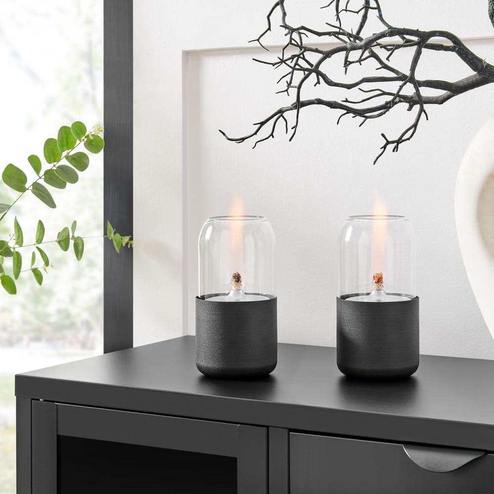 Black Glass and Metal Oil Lamp Set with Rope Wick