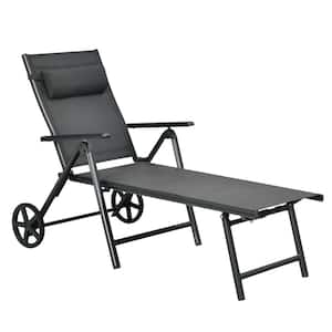Metal Gray Adjustable Outdoor Chaise Lounge with Wheels and Neck Pillow