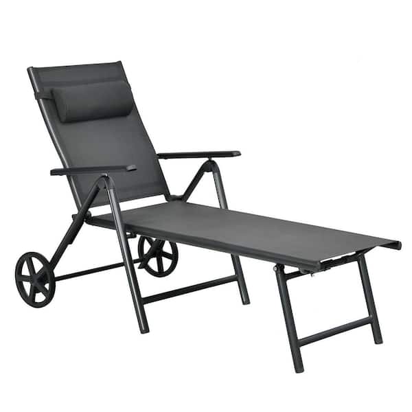 SUNRINX Metal Gray Adjustable Outdoor Chaise Lounge with Wheels and Neck Pillow