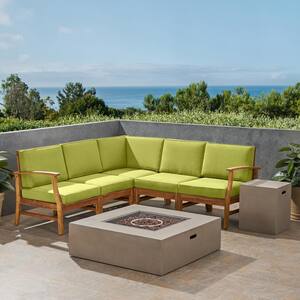 Illona Teak Brown 7-Piece Wood Patio Fire Pit Sectional Seating Set with Green Cushions